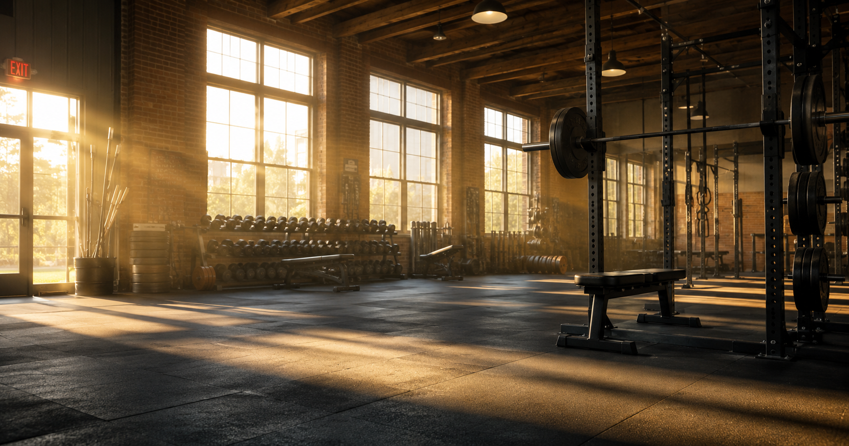 Empty gym with barbells in warm morning light